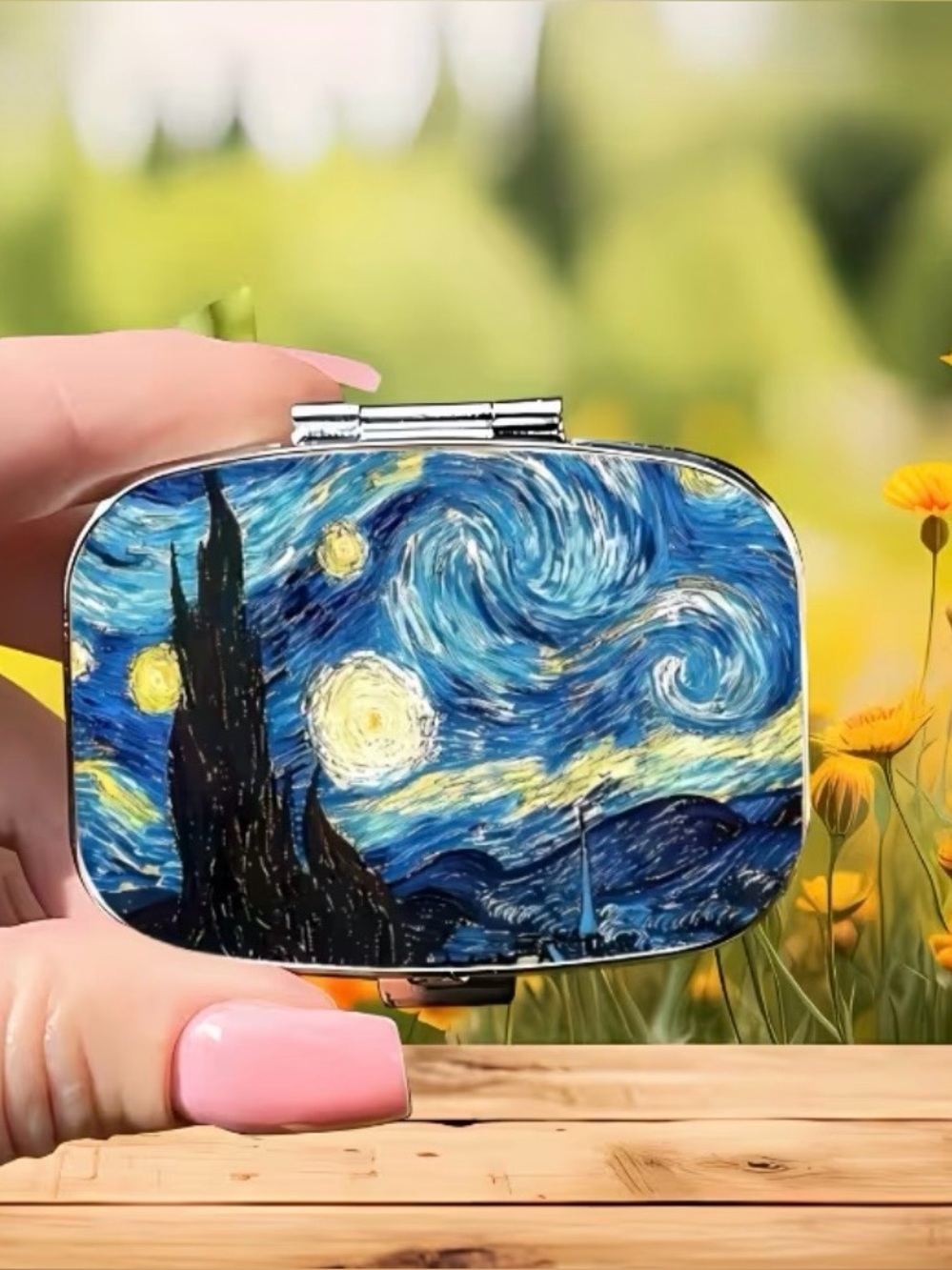 Van Gogh Starry Night Pill Case Mirror Compact 2 Compartment Organizer